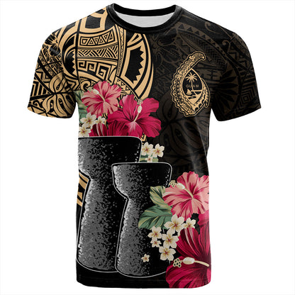 Guam T-Shirt Black Latte Stone With Hibiscus Flower Tribal