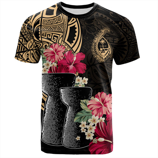 Guam T-Shirt Black Latte Stone With Hibiscus Flower Tribal