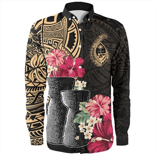 Guam Long Sleeve Shirt Black Latte Stone With Hibiscus Flower Tribal