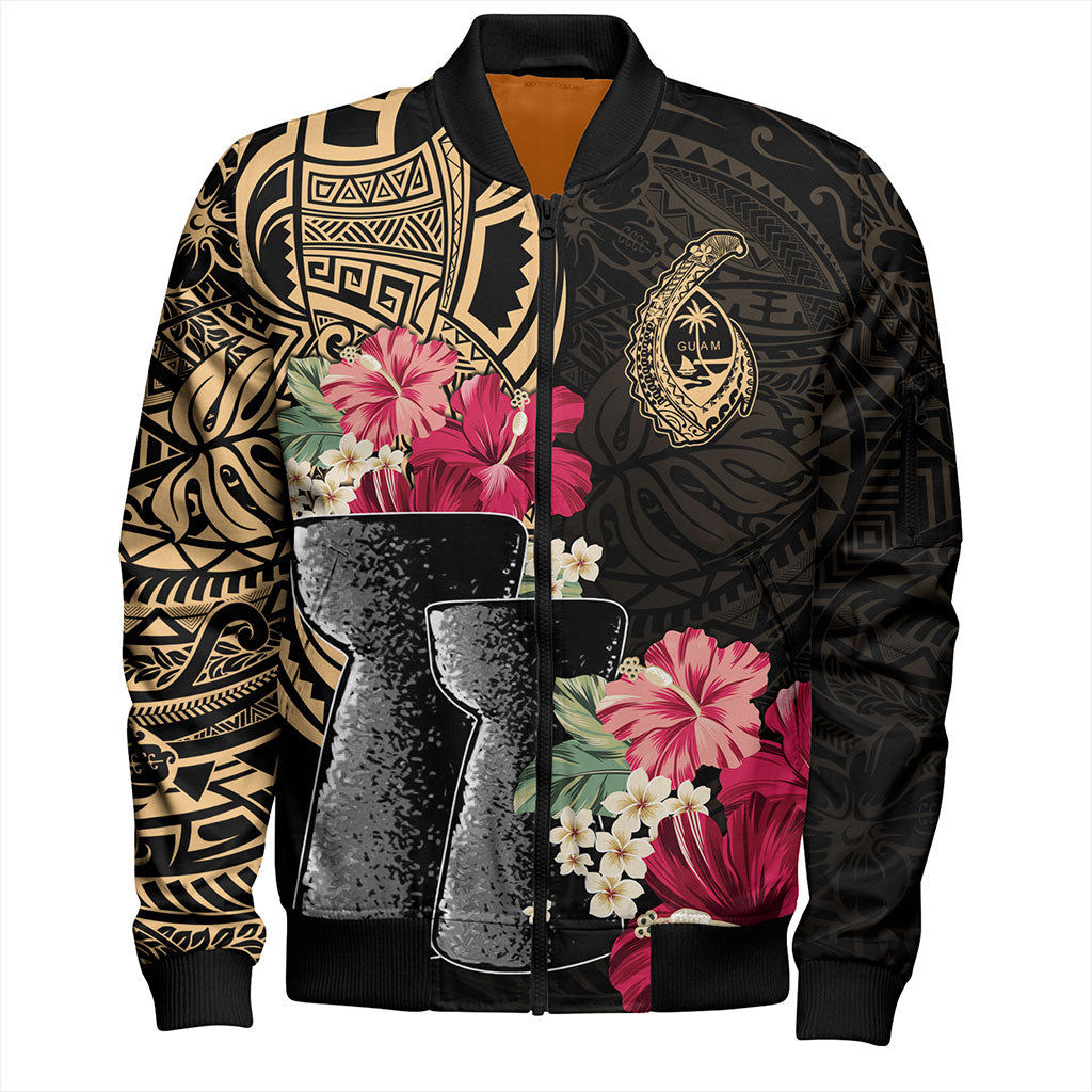 Guam Bomber Jacket Black Latte Stone With Hibiscus Flower Tribal