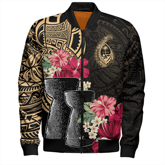 Guam Bomber Jacket Black Latte Stone With Hibiscus Flower Tribal