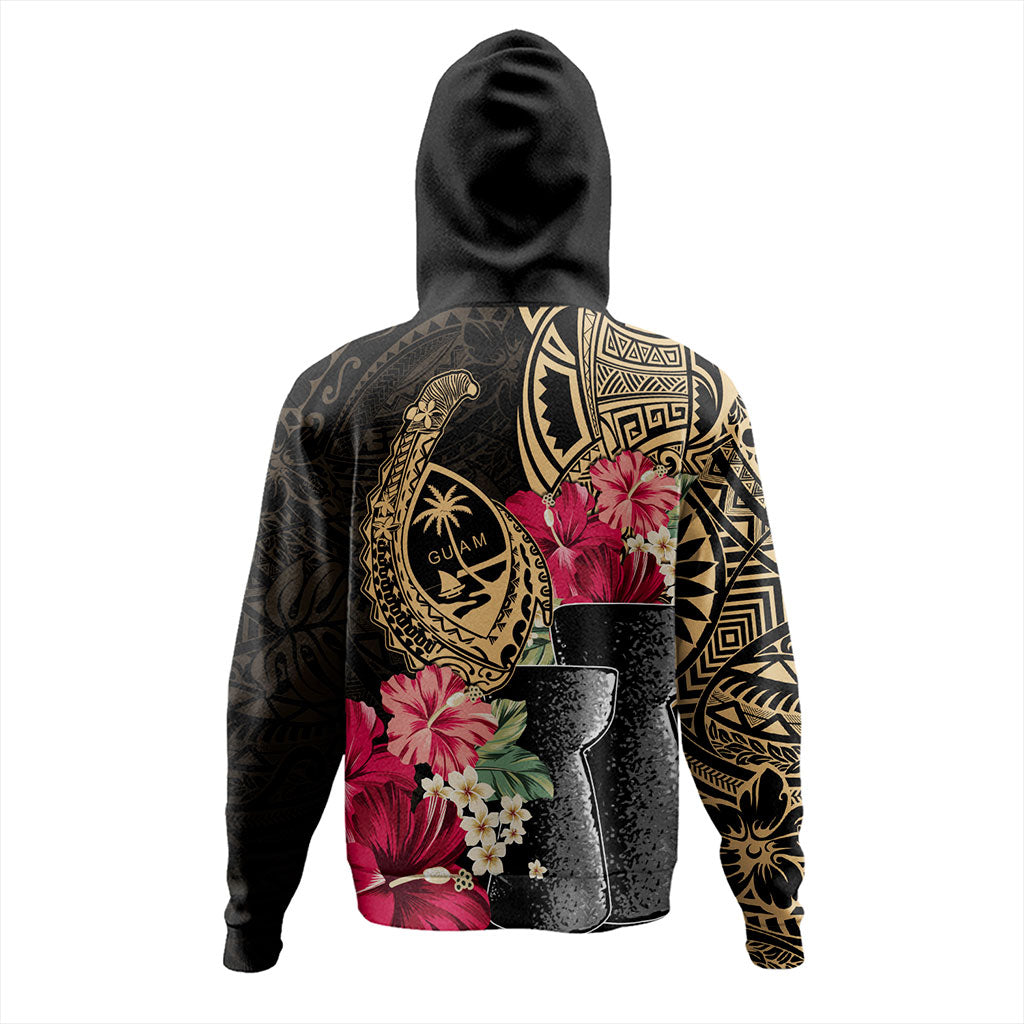 Guam Hoodie Black Latte Stone With Hibiscus Flower Tribal