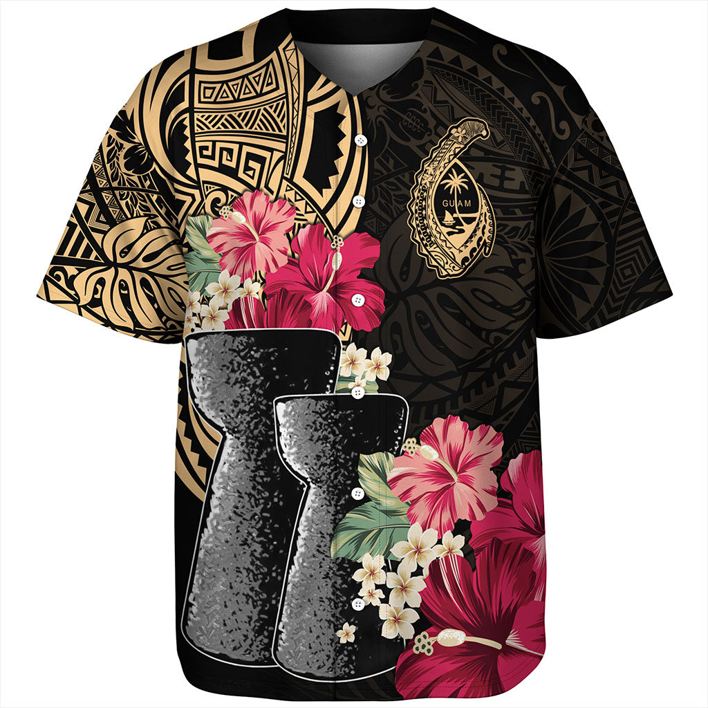 Guam Baseball Shirt Black Latte Stone With Hibiscus Flower Tribal