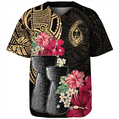 Guam Baseball Shirt Black Latte Stone With Hibiscus Flower Tribal