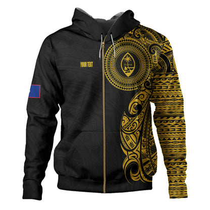 Guam Hoodie Custom Polynesian Half Sleeve Gold Tattoo With Seal Black