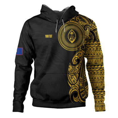 Guam Hoodie Custom Polynesian Half Sleeve Gold Tattoo With Seal Black