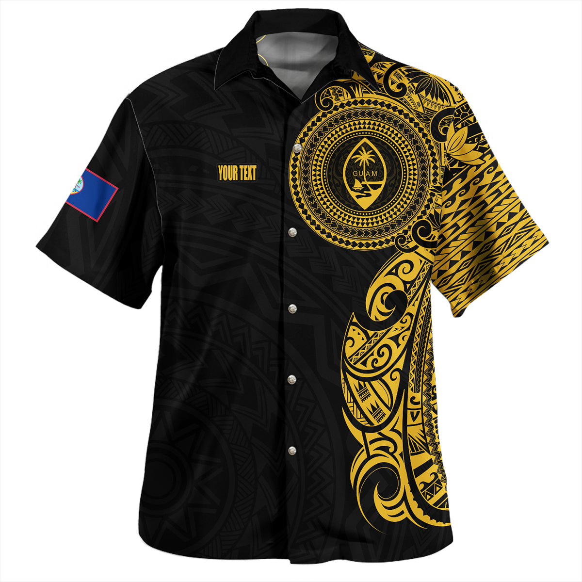 Guam Hawaiian Shirt Custom Polynesian Half Sleeve Gold Tattoo With Seal Black