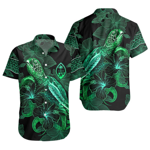 Guam Short Sleeve Shirt  Sea Turtle With Blooming Hibiscus Flowers Tribal Green