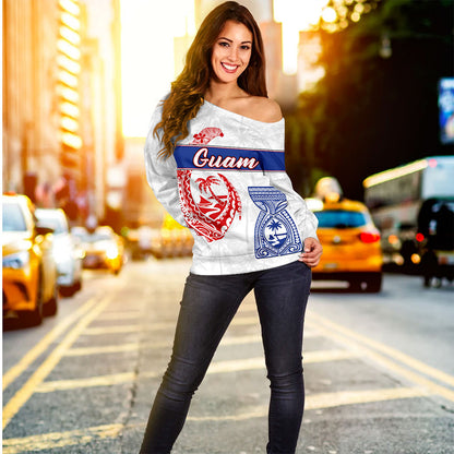 Guam Off Shoulder Sweatshirt Micronesian Hook And Latte Stone Tribal Classic