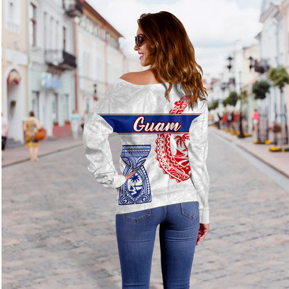 Guam Off Shoulder Sweatshirt Micronesian Hook And Latte Stone Tribal Classic