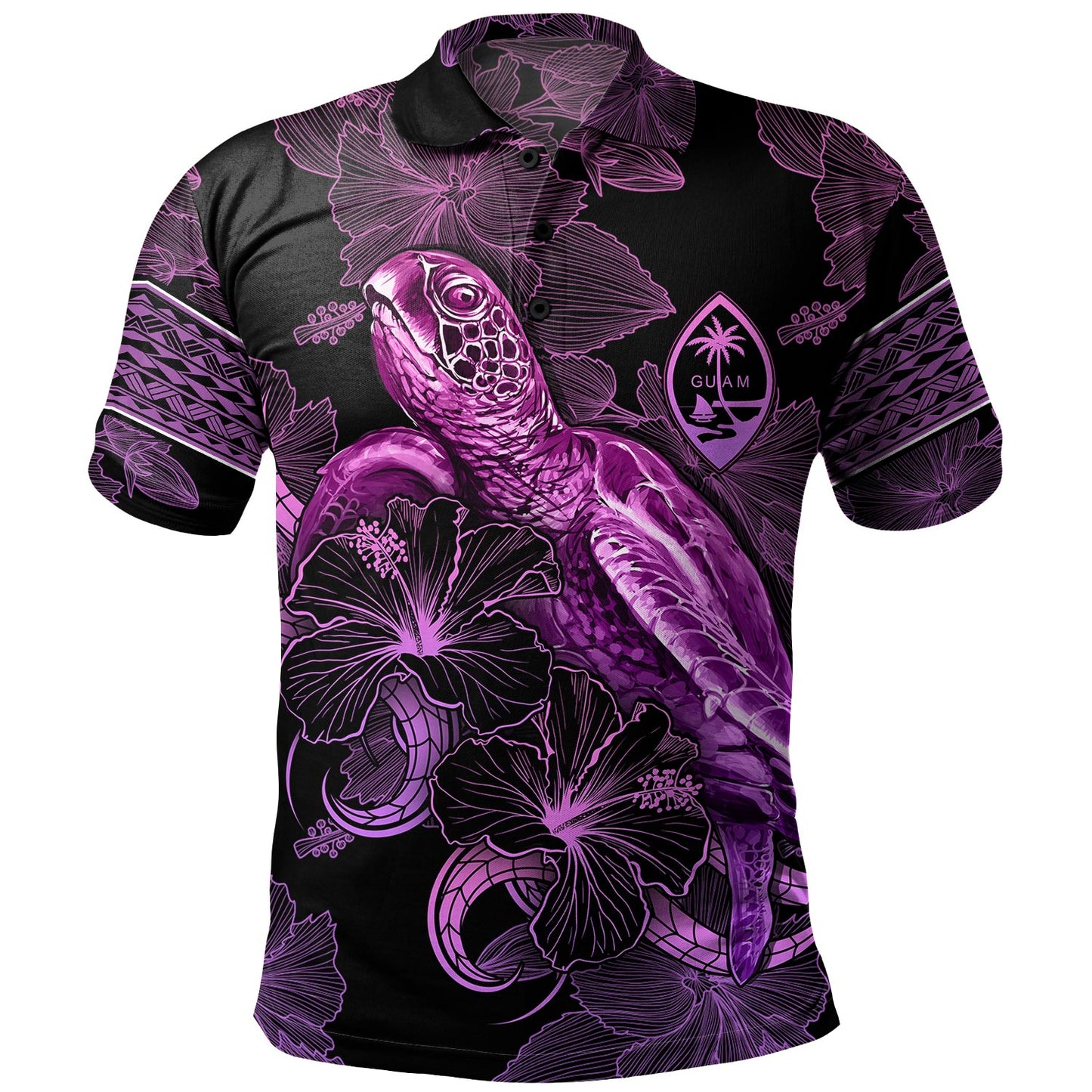 Guam Polo Shirt Sea Turtle With Blooming Hibiscus Flowers Tribal Purple