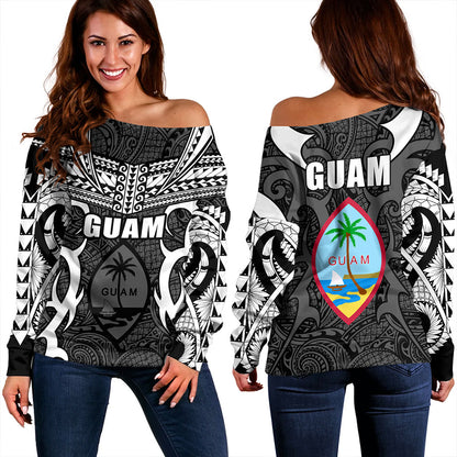 Guam Off Shoulder Sweatshirt Coat Of Arms Tribal Tattoo Concept