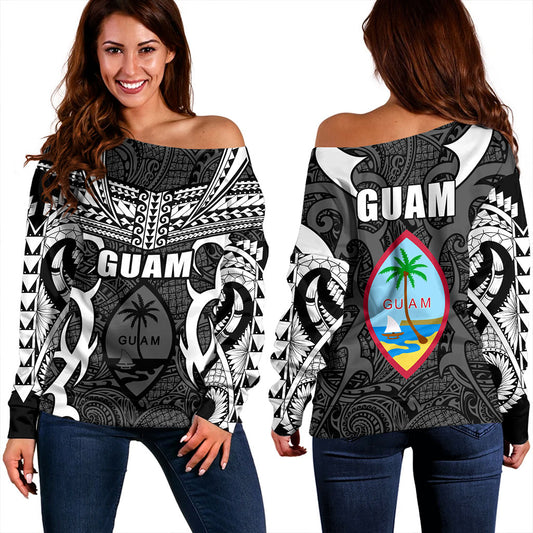 Guam Off Shoulder Sweatshirt Coat Of Arms Tribal Tattoo Concept