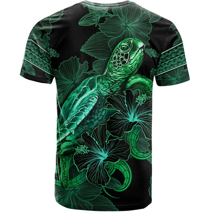 Guam T-Shirt  Sea Turtle With Blooming Hibiscus Flowers Tribal Green