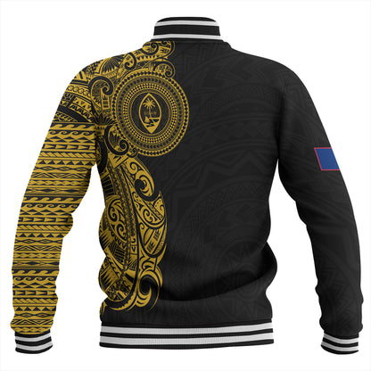 Guam Baseball Jacket Custom Polynesian Half Sleeve Gold Tattoo With Seal Black