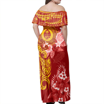 Guam Off Shoulder Long Dress Polynesian Tropical Plumeria Tribal Red