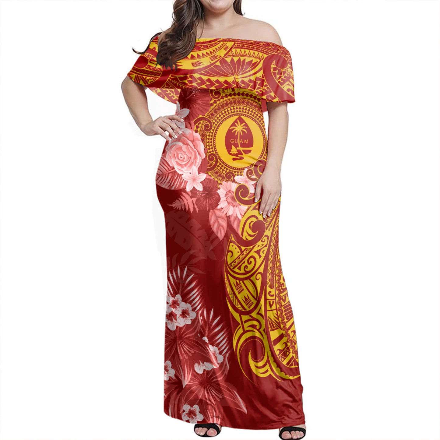 Guam Combo Off Shoulder Long Dress And Shirt Polynesian Tropical Plumeria Tribal Red