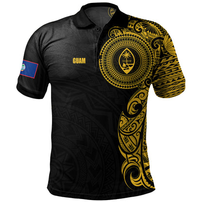 Guam Polo Shirt Custom Polynesian Half Sleeve Gold Tattoo With Seal Black