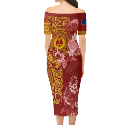 Guam Combo Short Sleeve Dress And Shirt Polynesian Tropical Plumeria Tribal Red