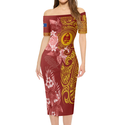 Guam Short Sleeve Off The Shoulder Lady Dress Polynesian Tropical Plumeria Tribal Red