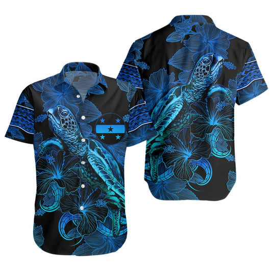 Gambier Islands Short Sleeve Shirt Sea Turtle With Blooming Hibiscus Flowers Tribal Blue