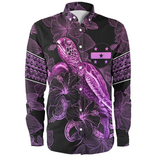 Gambier Islands Long Sleeve Shirt Sea Turtle With Blooming Hibiscus Flowers Tribal Purple