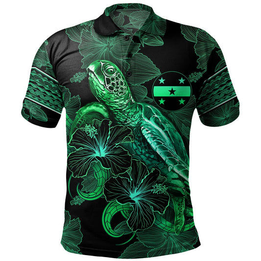Gambier Islands Polo Shirt  Sea Turtle With Blooming Hibiscus Flowers Tribal Green