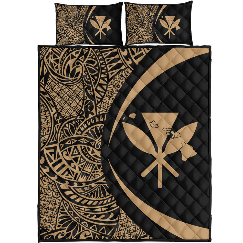Hawaii Quilt Bed Set Kanaka Maoli Hawaiian Map Lauhala Gold Circle