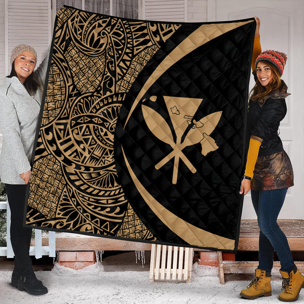 Hawaii Premium Quilt Kanaka Maoli Hawaiian Map Lauhala Gold Circle