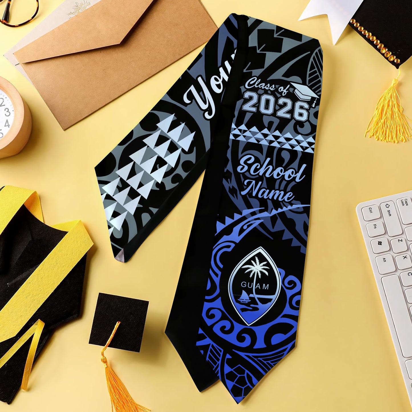 Guam Graduation Stole Custom Class 2026 Coat Of Arms Kakau Style