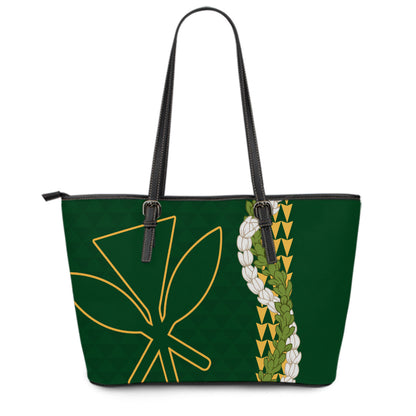 Hawaii Leather Tote Bag Kanaka Maoli Puakenikeni Maile Flower Lei