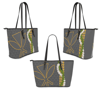 Hawaii Leather Tote Bag Kanaka Maoli Puakenikeni Maile Flower Lei