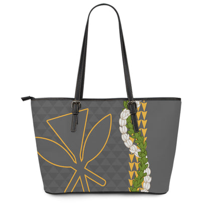 Hawaii Leather Tote Bag Kanaka Maoli Puakenikeni Maile Flower Lei