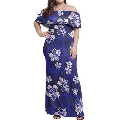 Hawaii Woman Off Shoulder Long Dress Polynesian Tribal And Hibiscus Vintage