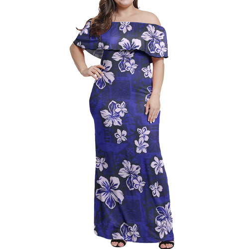 Hawaii Woman Off Shoulder Long Dress Polynesian Tribal And Hibiscus Vintage