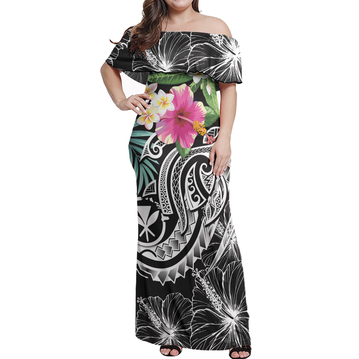 Hawaii Off Shoulder Long Dress Summer Plumeria