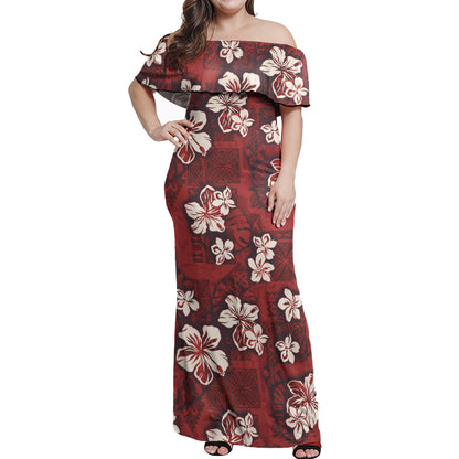 Hawaii Woman Off Shoulder Long Dress Polynesian Tribal And Hibiscus Vintage