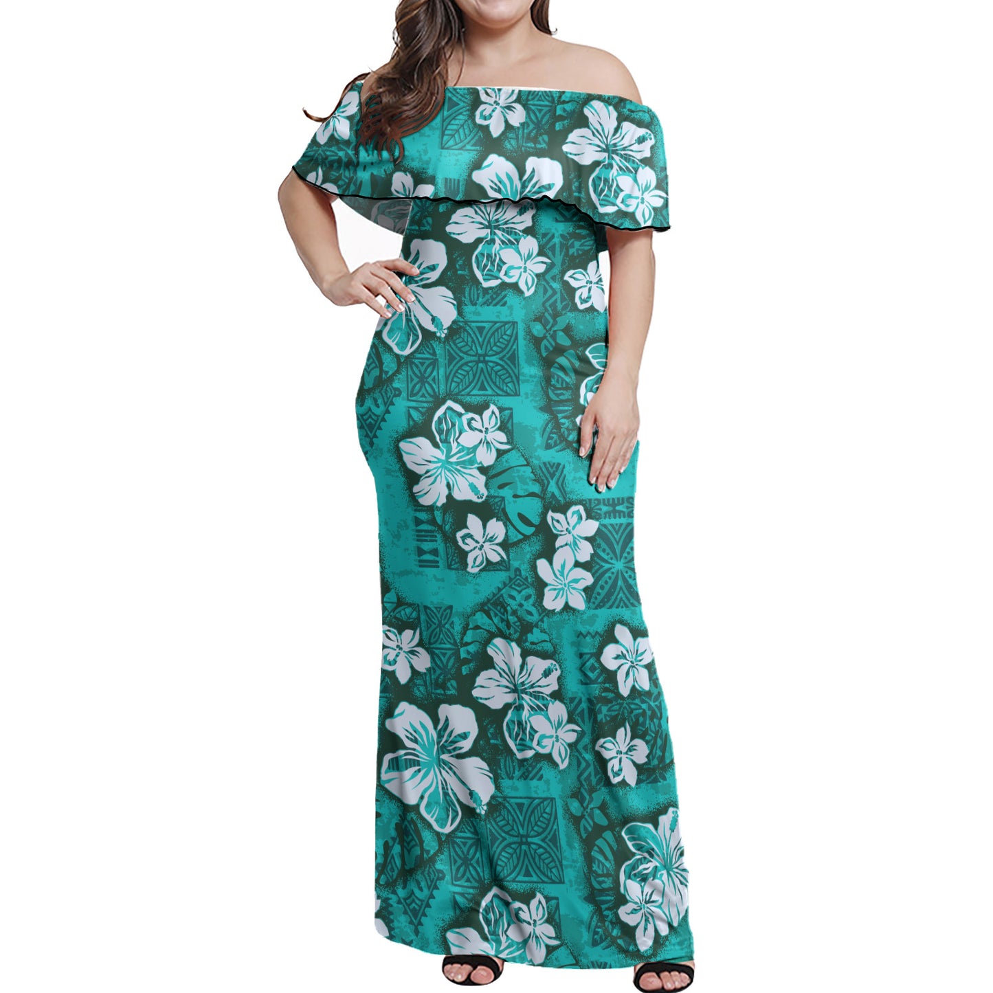 Hawaii Woman Off Shoulder Long Dress Polynesian Tribal And Hibiscus Vintage