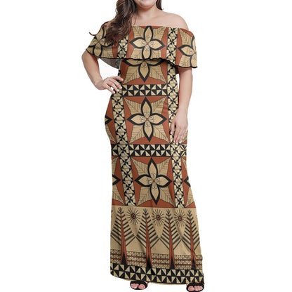 Tonga Combo Off Shoulder Long Dress And Shirt Tapa Motif