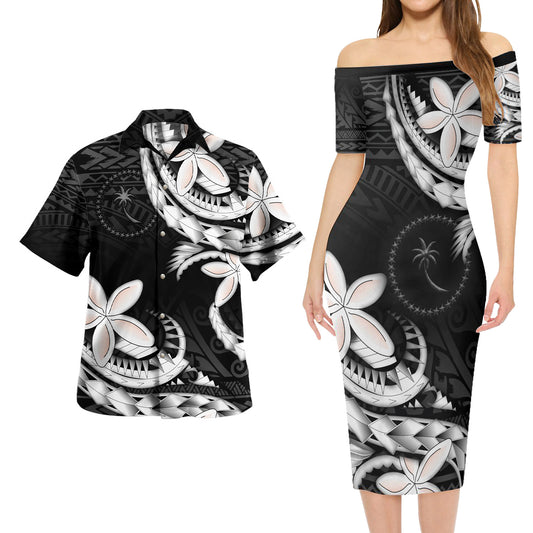 Chuuk State Combo Short Sleeve Dress And Shirt Polynesian Patterns Plumeria Flowers Special Style