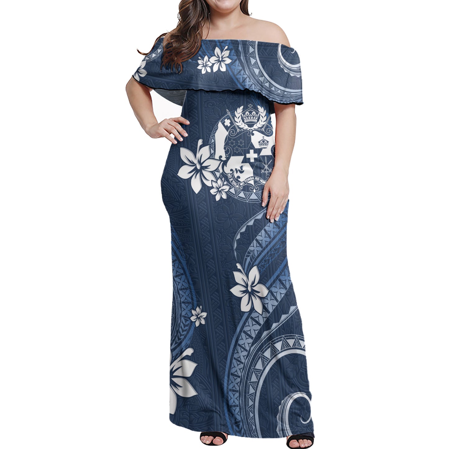 Tonga Off Shoulder Long Dress White Hibiscus Blue Pattern