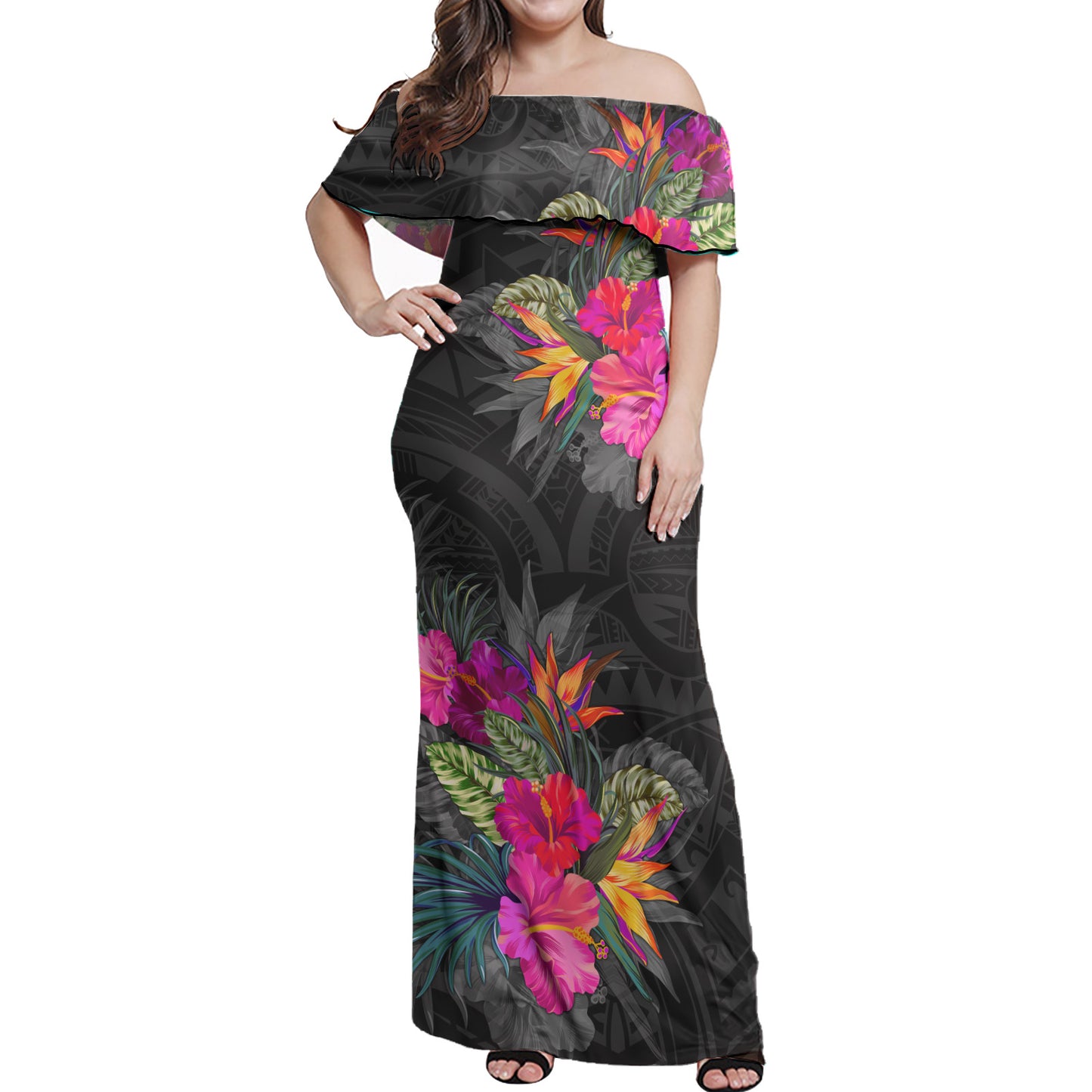 Polynesian Off Shoulder Long Dress Polynesian Tribal Tropical Flowers Special