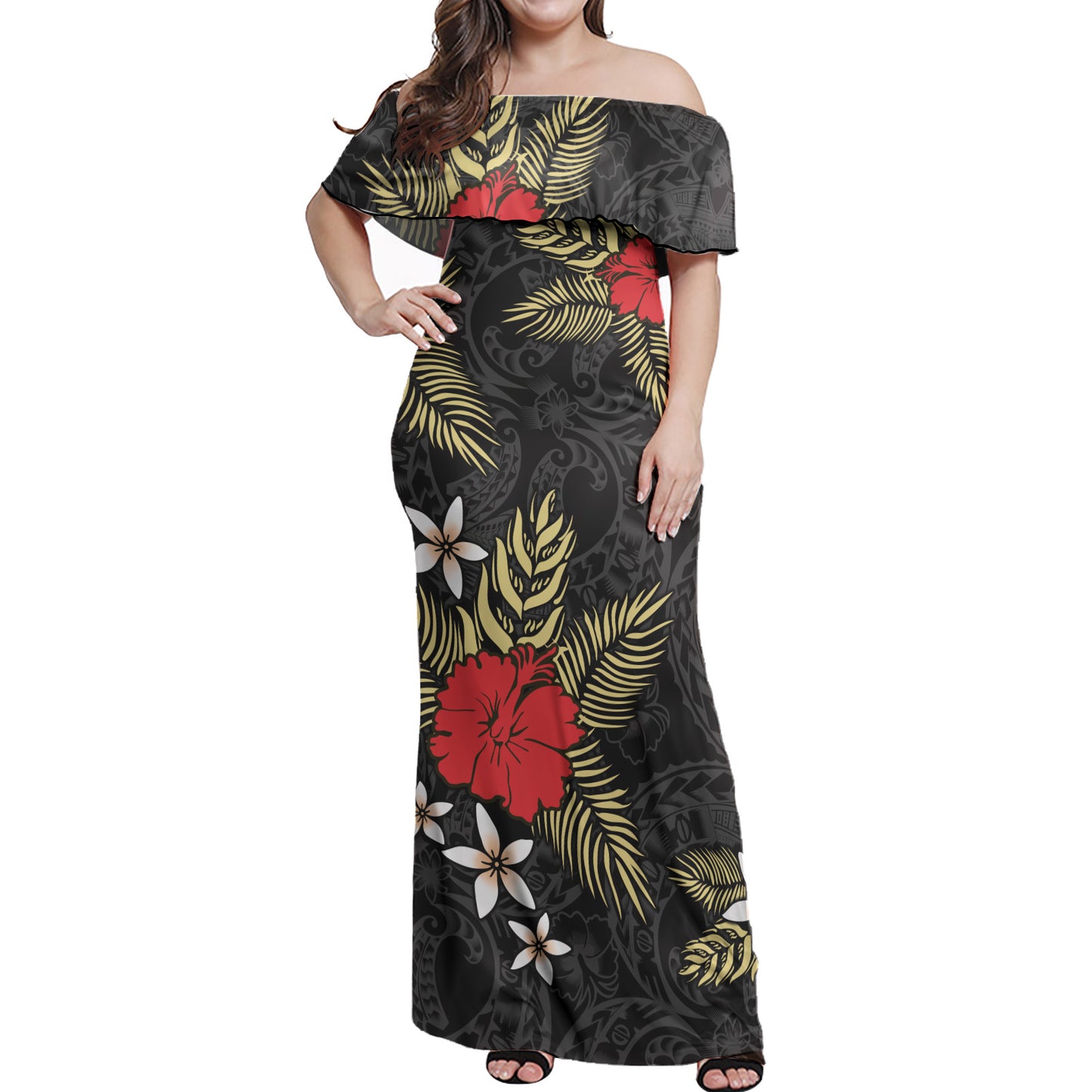 Polynesian Off Shoulder Long Dress Hibiscus Plumeria Flowers Polynesian Tribal Motif Patterns