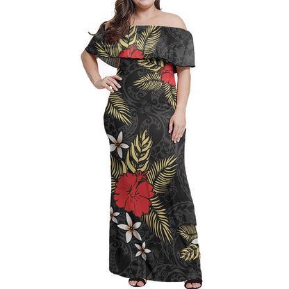 Polynesian Off Shoulder Long Dress Hibiscus Plumeria Flowers Polynesian Tribal Motif Patterns