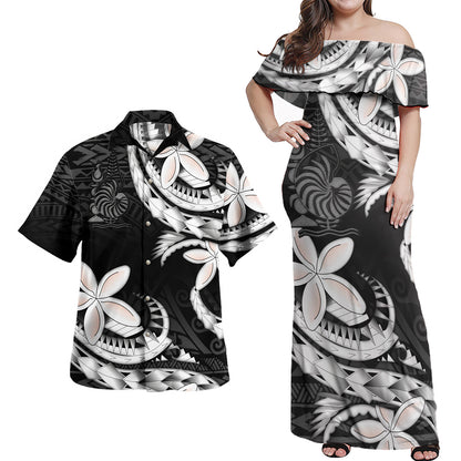 New Caledonia Combo Off Shoulder Long Dress And Shirt Polynesian Patterns Plumeria Flowers Special Style