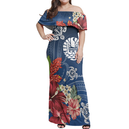 Tahiti Combo Off Shoulder Long Dress And Shirt  Flower And Turtle