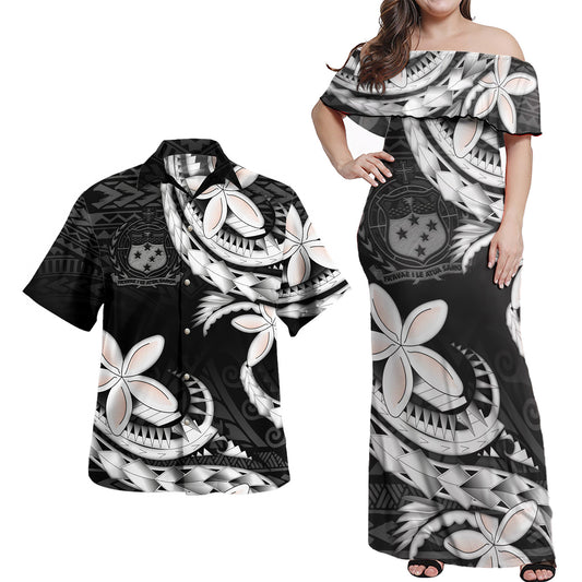 Samoa Combo Off Shoulder Long Dress And Shirt Polynesian Patterns Plumeria Flowers Special Style