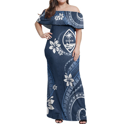 Guam Off Shoulder Long Dress White Hibiscus Blue Pattern