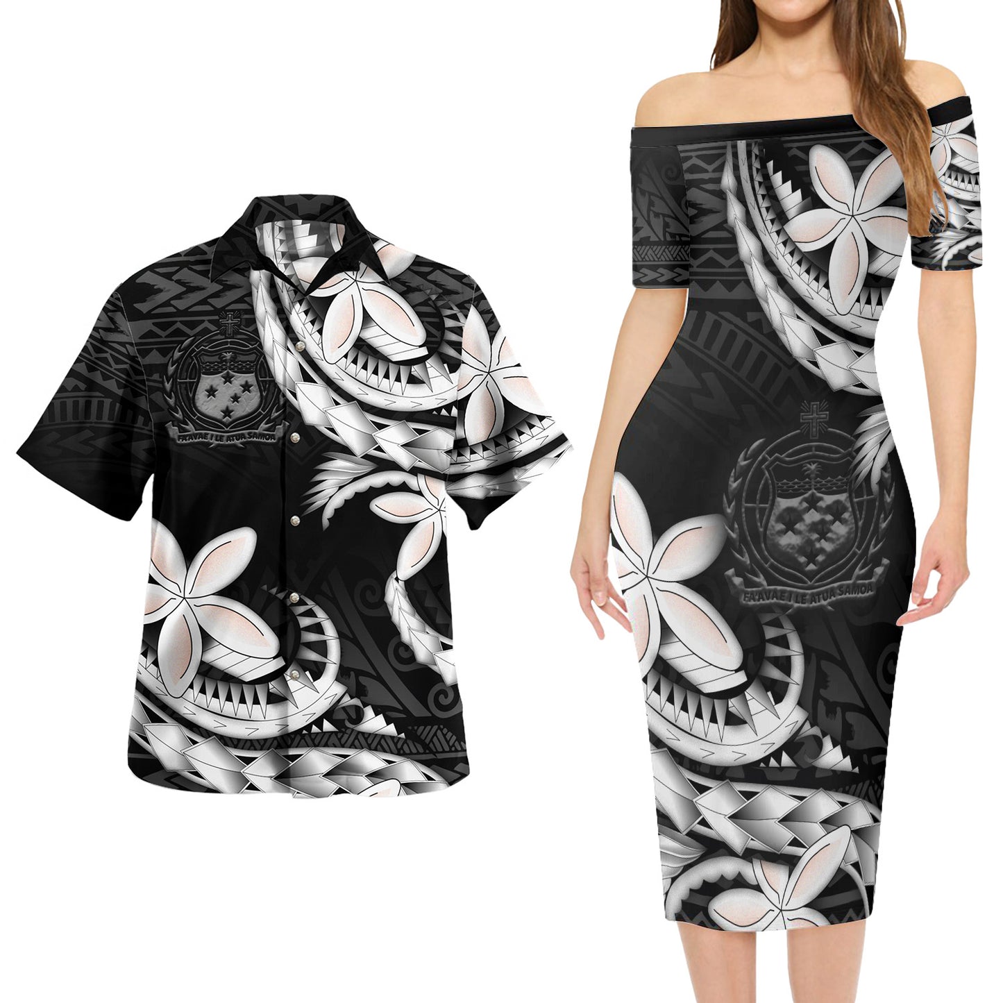 Samoa Combo Short Sleeve Dress And Shirt Polynesian Patterns Plumeria Flowers Special Style