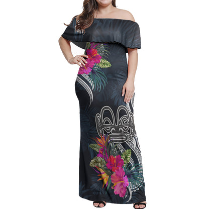 Marquesas Islands Combo Off Shoulder Long Dress And Shirt Tropical Flower
